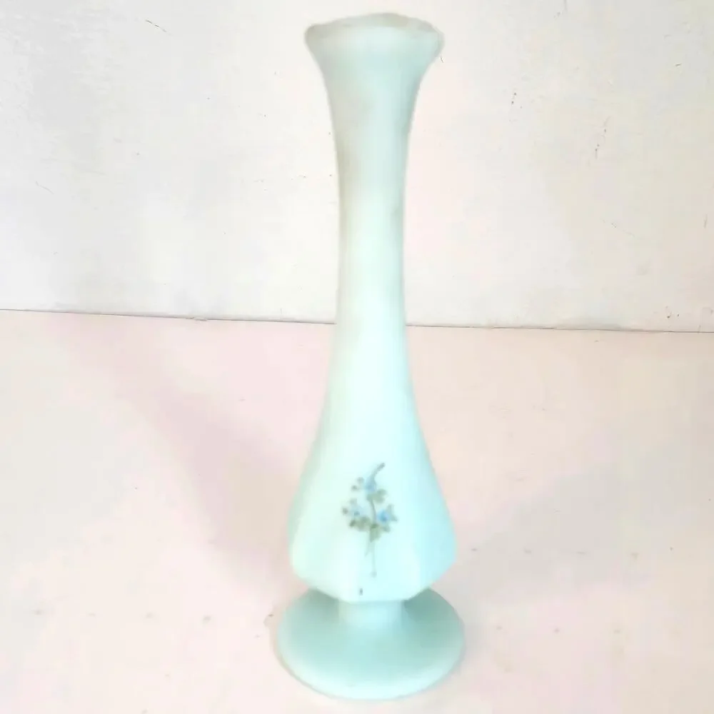 Vintage Fenton Bud Vase Blue Roses Hand Painted Satin Glass Artist Signed MCM